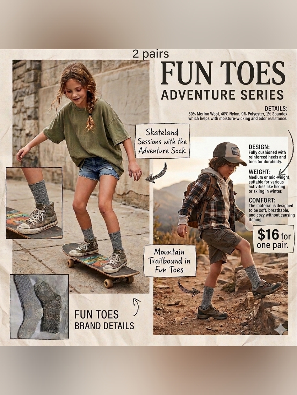 Nwt Wool 2 Pair Fun Toes Kids Merino Socks Cushioned Skiing Hiking Winter Snow